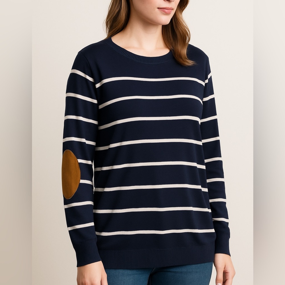 Market & Spruce Navy Striped Elbow Patch Sweater | Women’s 2X